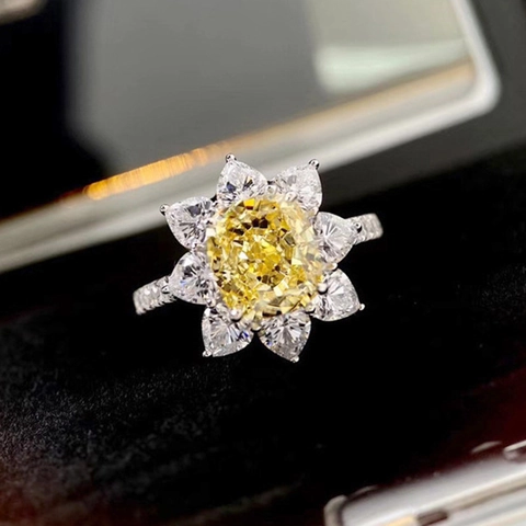 Luxe Zonnebloem Koperen Zirconia Ring Voor Vrouwen Prachtige Gele Ovale Hoofdsteen Met Peervormige Witte Zijstenen Sieraden