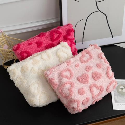 Plush Sherpa Heart Pattern Cosmetic Bag Portable Toiletry Storage Pouch Zipper Closure Makeup Organizer Handbag For Women