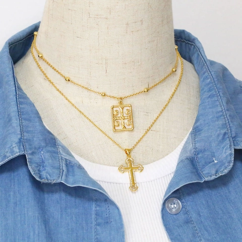Vintage Cross Pendant Necklace Gold Plated Copper With Shell And Zircon St Benedict Medal Religious Jewelry For Women