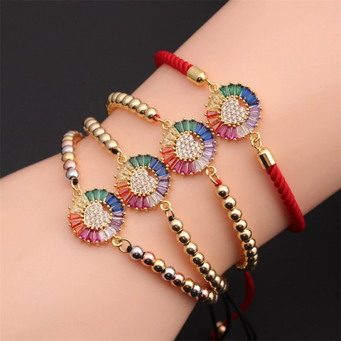 Pulsera Ajustable De Corazón Arcoiris Con Circonita Colorida Cuentas De Cobre Cuerda Trenzada Estilo Étnico Mujer