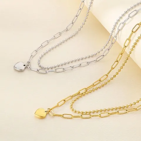 Double Layer Heart Pendant Necklace Stainless Steel Paperclip And Bead Chain Minimalist Jewelry For Women