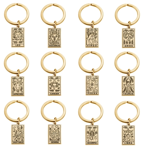 Stainless Steel 12 Zodiac Sign Keychain Personalized Rectangular Tarot Style Constellation Pendant Gold Silver Key Ring Gift