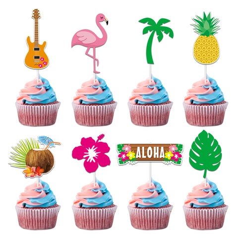 Hawaiian Tropical Cake Toppers Paper Flamingo Pineapple Coconut Palm Leaf Decorations For Summer Beach Party Birthday