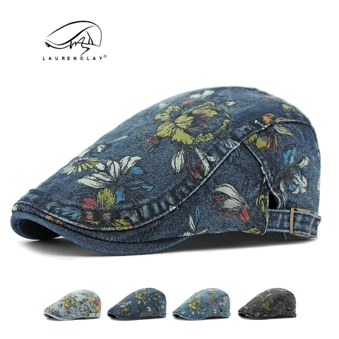 Vintage Washed Denim Cotton Floral Beret Hat Adjustable Metal Buckle Ethnic Style Ivy Cap For Women Men