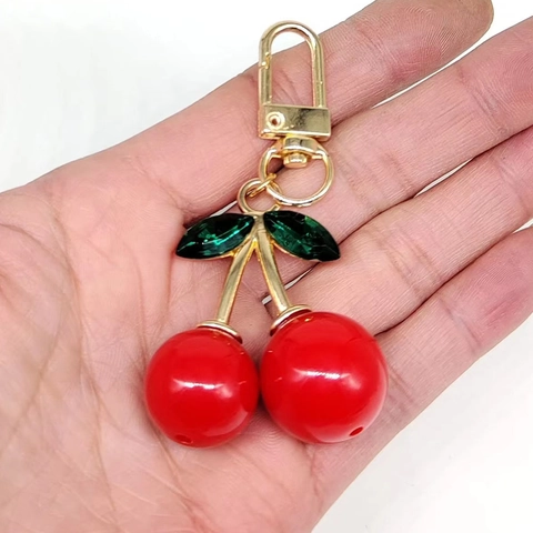Portachiavi In Metallo A Forma Di Ciliegia Con Foglia Di Strass Tono Oro Ciondolo Per Borsa Accessorio Carino