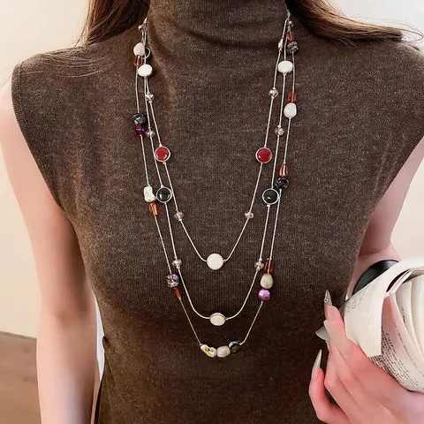 Collier Long À Perles Style Maillard Pour Femmes Résine Verre Double Couche Chaîne De Pull Dorée