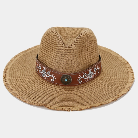 Cappello Fedora Paglia Tesa Larga Sfilacciata Fascia Pelle Ricamata Protezione Solare Boemo Spiaggia