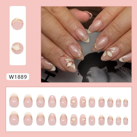 Press On Nagels Met 3D Witte Bloem Gouden Randen Nude Roze French Tips Ovale Lange Kunstnagels Voor Dames