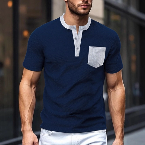 Maglia Henley Da Uomo Maglia A Nido D Ape Manica Corta Colore A Contrasto Poliestere Traspirante Top Casual