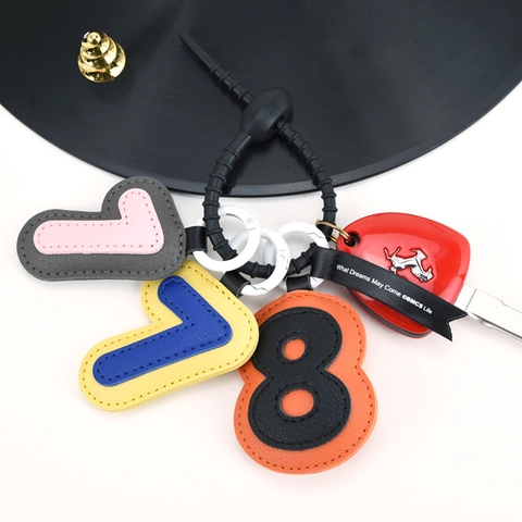 Lucky Number Keychain PU Leather Digital Shape Bag Charm Fashion Pendant Contrast Color Minimalist Accessory Gift