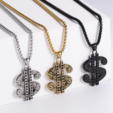 Collar Con Colgante De Signo De Dólar Acero Inoxidable 304 Hip Hop Estilo Urbano Joyería Para Hombre Mujer Oro Negro Plata