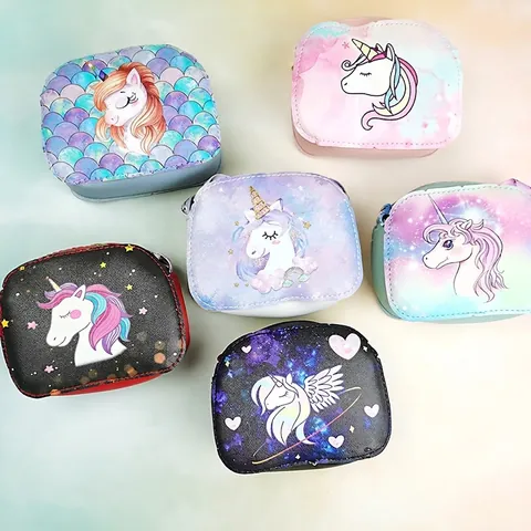 Unicorn Cartoon Kids Crossbody Bag PU Leather Small Square Shoulder Purse For Girls Adjustable Strap Cute Fashion