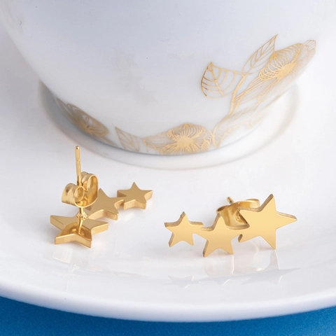 Stainless Steel Star Stud Earrings For Women Three Stars Gradient Minimalist Creative Ear Climber Piercing Jewelry