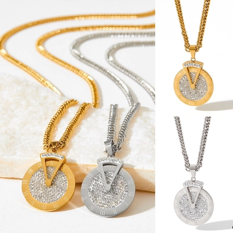 Collar Largo Cadena Para Suéter De Acero Inoxidable Colgante Esfera Reloj Números Romanos Brillantes