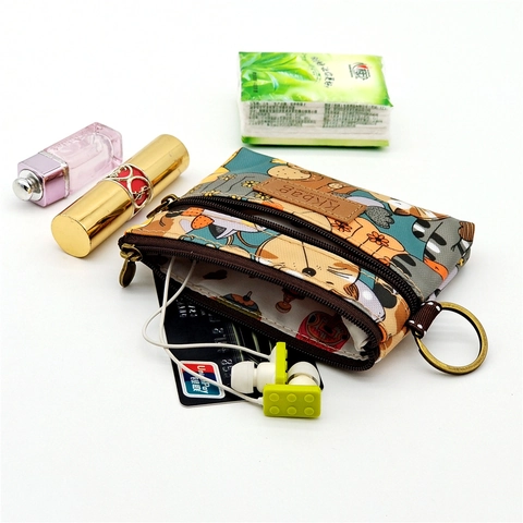 Mini Cartoon Printed Canvas Coin Purse Dual Zipper Storage Bag With Metal Key Ring For Women Kids Cute Casual