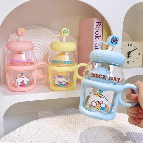 Taza De Vidrio De Perro Dibujos Animados Con Funda De Silicona Pajita Mango E Infusor De Té Botella De Agua Escritorio