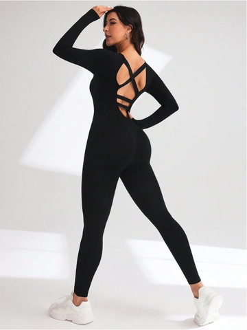 Dames Jumpsuit Lange Mouwen Open Rug Kruislings Bandjes Naadloos Polyamide Elastaan Yoga Fitness Sportpak
