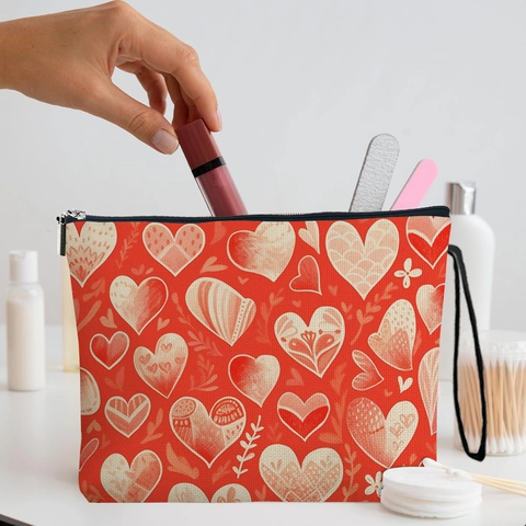 Heart Print Cosmetic Bag Linen Texture Polyester Zipper Makeup Pouch Travel Toiletry Storage Organizer Women Gift