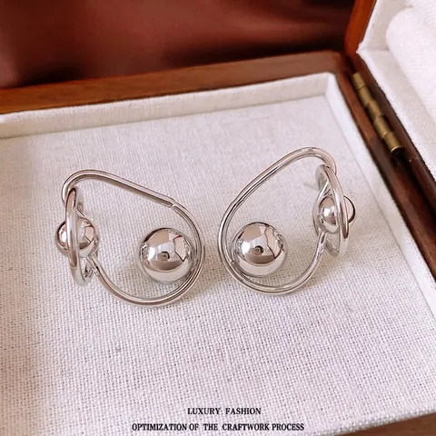 Geometric Twisted Hollow Alloy Earrings With Silver Earring Post Minimalist French Retro Metal Ball Studs