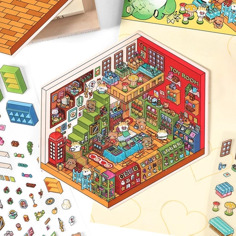Isometric Scene Decorative Stickers DIY Journal PET Cardboard Mini Shop Landscape Toy Room Hot Pot Cute Stationery