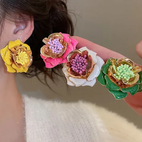 Retro 3D Flower Stud Earrings With Silver Earring Post Enamel Elegant Sweet Floral Jewelry For Women