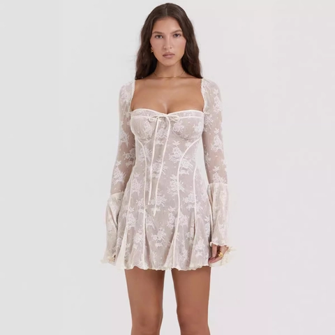Vestito Mini In Pizzo Floreale Bianco Da Donna Maniche Lunghe A Campana Scollo Quadrato Corpino Con Stringhe Elegante Sexy Linea A