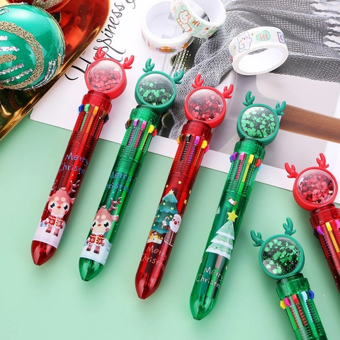 Christmas Multi Color Ballpoint Pen Retractable Plastic Glitter Sequin Reindeer Antler Cute Festive Stationery Gift