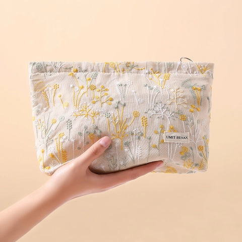 Borsa Trucco Ricamo Floreale Cotone Lino Tela Pochette Cosmetica Portatile Viaggio Organizzatore Articoli Da Toeletta