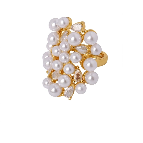 Anello in Rame Irregolare Placcato Oro Zirconia Intarsiata Grappolo di Perle Artificiali Anello Aperto Regolabile Donna