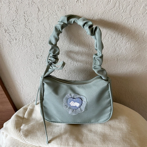Damen Schulter Unterachseltasche Nylon Canvas Gerüschter Riemen Herz Hase Patch Spitze Schleife Dekor Süße Lässige Handtasche