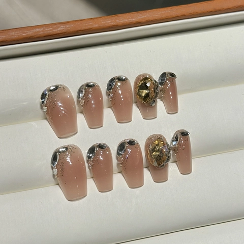 Unghie Finte Press On Strass Glitter Sfumatura Rosa Nude Forma Bara Stile Francese Lusso Elegante Fatto A Mano Donne