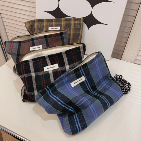 Vintage Plaid Kosmetiktasche Baumwolle Canvas Make-up Beutel Reißverschluss Clutch Für Frauen Britischer Retro Mehrzweckbeutel