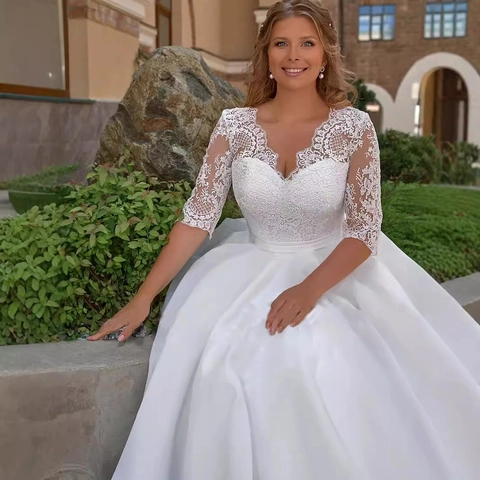 Elegant Wedding Dress V-Neck Three Quarter Lace Sleeves Satin A-Line Bridal Gown Backless White Floor Length
