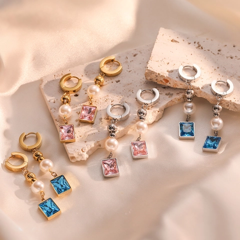 Orecchini Pendenti Geometrici Acciaio Al Titanio Placcato Oro Perla Artificial Sintetica Zirconia Quadrata Moda Elegante Minimalista Donna