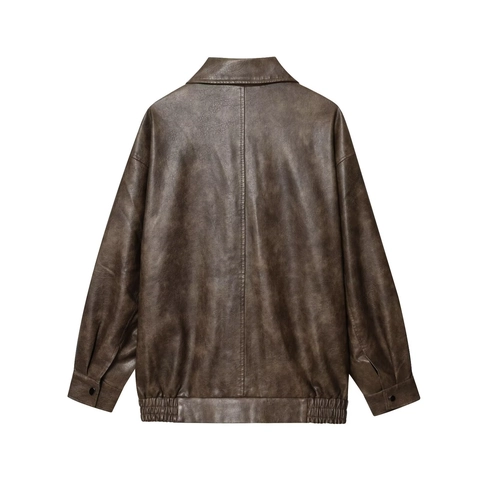 Dames Vintage PU Kunstleer Jas Ruime Gothic Bomberjas Met Zakken Omslagkraag Casual Lange Mouw Bovenkleding