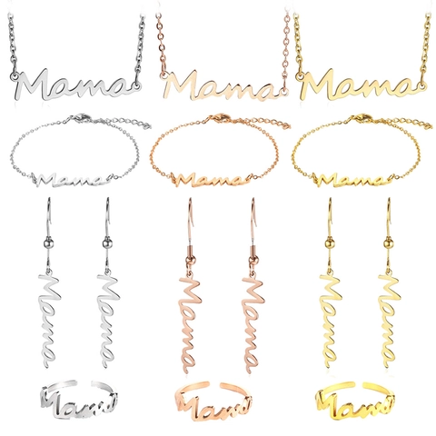 Mama Letter Stainless Steel Necklace Bracelet Hook Earrings Adjustable Ring Minimalist Fashion Jewelry Gift For Mom