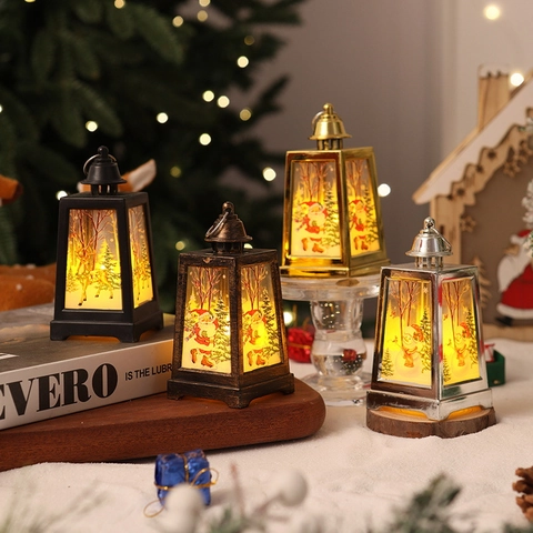 Christmas Lantern LED Night Light Electronic Candle Portable Plastic Retro Hanging Lamp Santa Snowman Reindeer Pattern