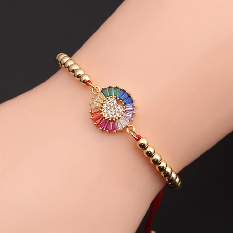 Pulsera Ajustable De Corazón Arcoiris Con Circonita Colorida Cuentas De Cobre Cuerda Trenzada Estilo Étnico Mujer