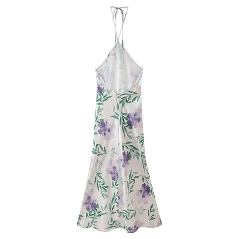 Floral Midi Dress Halter Neck Backless Satin Tie Up Elegant Summer Party Sleeveless White Purple Print For Women