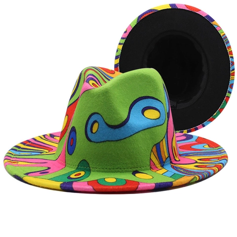 Wide Brim Fedora Hat Wool Felt Colorful Graffiti Print Jazz Hat For Men Women Pop Art Style