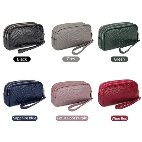 Women's Genuine Cowhide Leather Clutch Wallet Elegant Crocodile Pattern Embossed Multi Layer Zipper Large Capacity Wristlet Bag