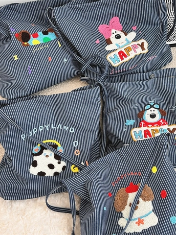 Sac Cabas En Toile Rayée Broderie Chien Dessin Animé Kawaii Grande Capacité Sac À Épaule Décontracté Pour Femmes Style Coréen