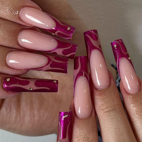 Ongles À Presser Long Cercueil Flamme Rose Rouge Métallique Motif Français Strass Paillettes Accessoire Manucure Pour Femmes