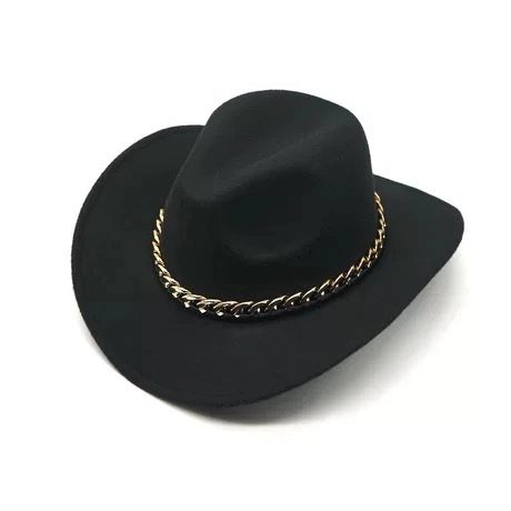Western Cowboy Hat Fedora For Men And Women Wide Brim Woolen Felt Jazz Cap With Gold Metal Chain Decoration Fashion