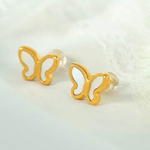 Butterfly Stud Earrings Stainless Steel 18K Gold Plated White Mother Of Artificial Pearl French Retro Niche Design For Women