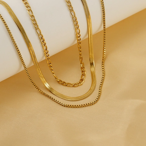 Fashion Layered Necklaces 18K Gold Plated Stainless Steel Figaro Snake Box Chain Jewelry For Women