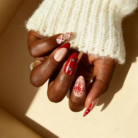 Unghie Finte Press On Rosse Bianche Francesi Forma Mandorla Lunga Design Pois Quadri Fiocco Natale Per Donne