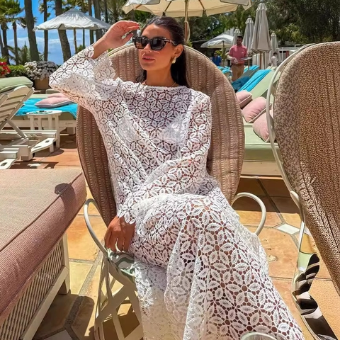 Witte Gehaakte Kant Maxi Jurk Lange Mouwen Hollow Out Ronde Hals Strand Vakantie Cover Up Voor Vrouwen