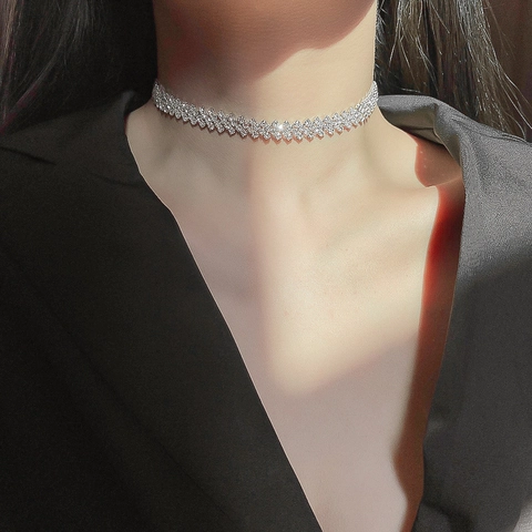 Lujoso Collar Choker de Circonia para Mujer Cadena de Clavícula Geométrica Brillante de Hierro Joyería de Moda