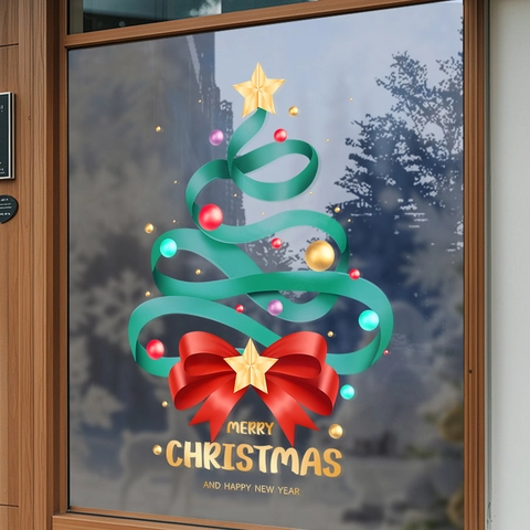Pegatinas Ventana Árbol Navidad PVC Estáticas Color Doble Cara Diseño Lazo Cinta Decoración Vidrio Puerta Escaparate Festiva
